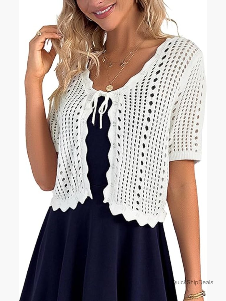 Crochet Shrug Sweater Tie Front Knit Bolero Short Sleeve Cropped Cardigan